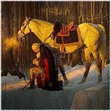 George Washington praying with his horse in snow at Valley Forge PA