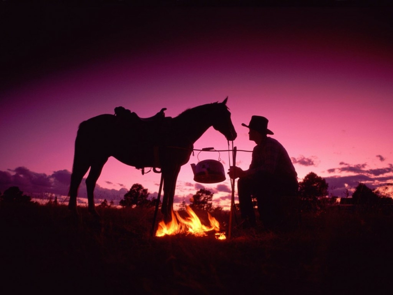 cowboy and horse at campfire