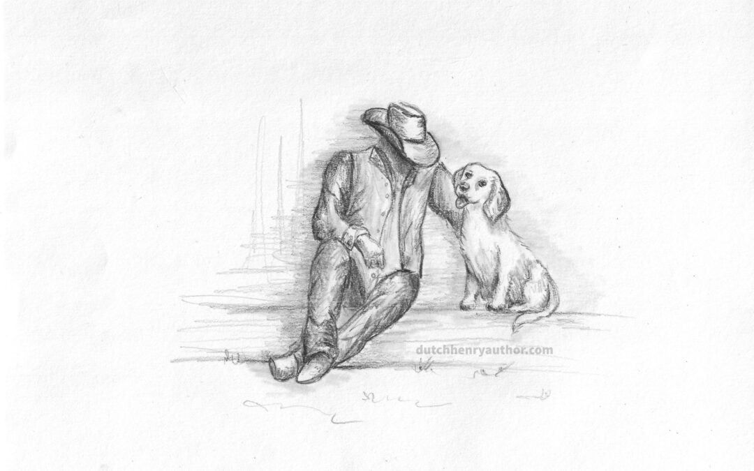 SKETCH OF OLD COWBOY AND DOG